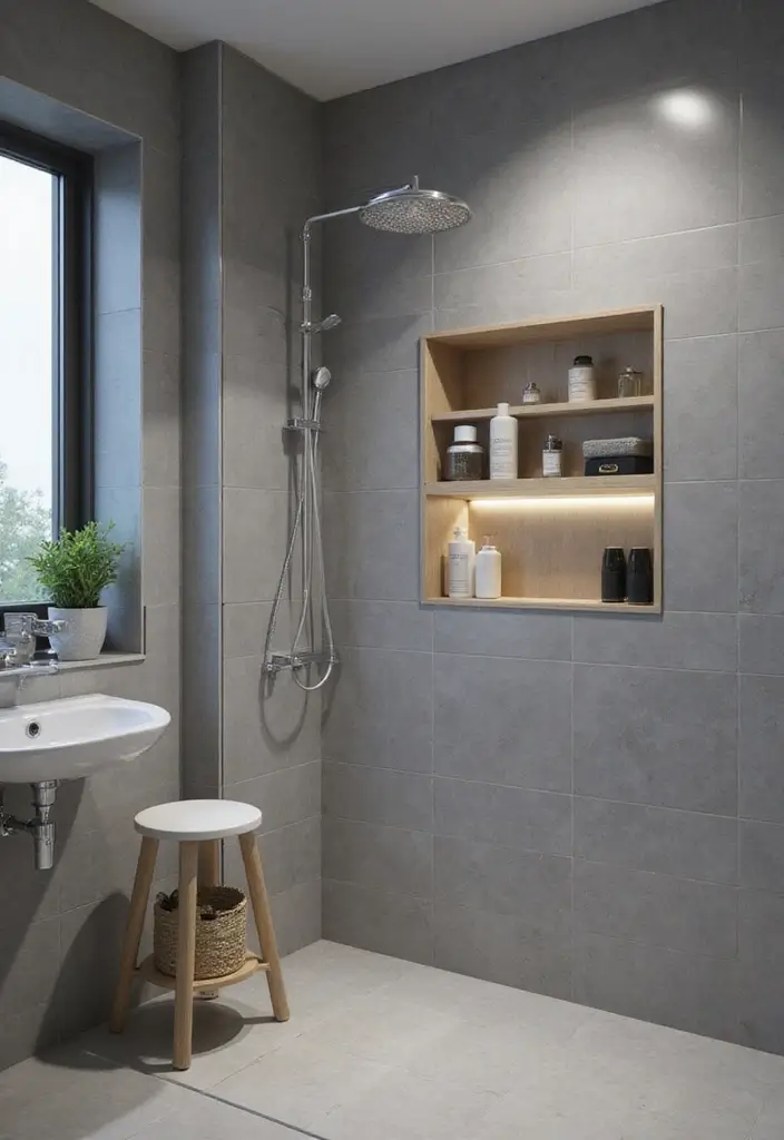 29 Bathroom Ideas Grey Tiles That Create Timeless Style - 19. Minimalist Grey Shower Niche