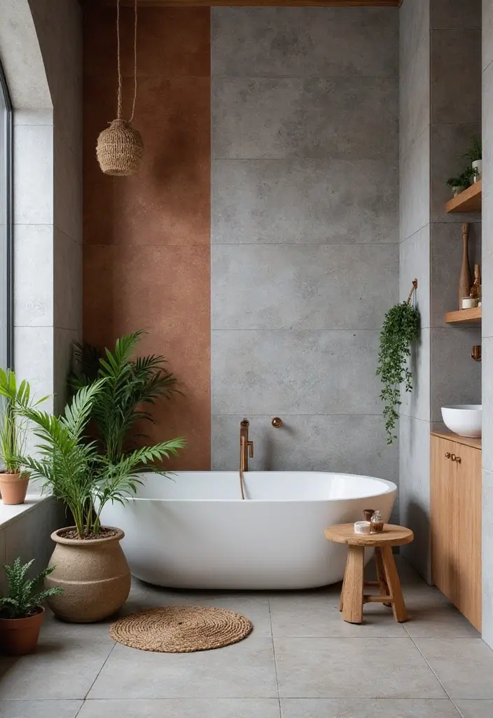 29 Bathroom Ideas Grey Tiles That Create Timeless Style - 21. Grey Tiles with Terracotta Accents