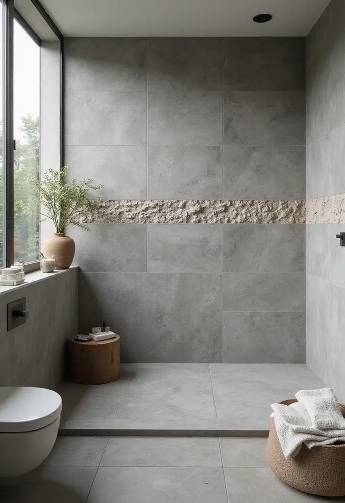 29 Bathroom Ideas Grey Tiles That Create Timeless Style - 25. Grey Tiles with Stone Accents