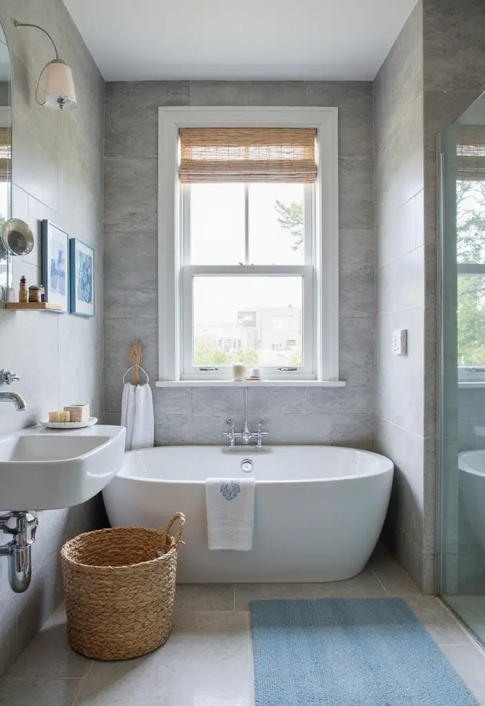 29 Bathroom Ideas Grey Tiles That Create Timeless Style - 26. Grey Tiles for a Coastal Bathroom