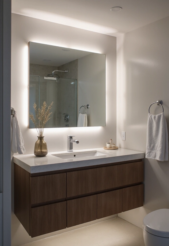 29 Bathroom Mirror and Lighting Ideas That Glow Beautifully - 18. Minimalist LED Strip Lighting