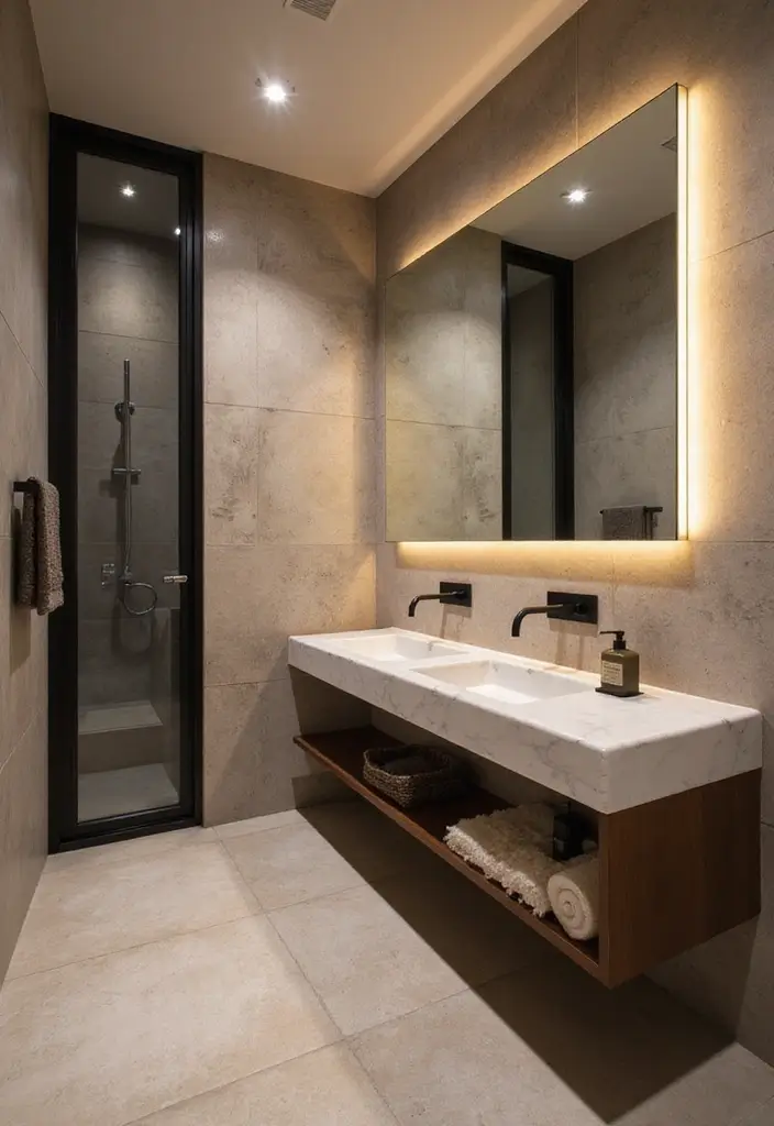 29 Bathroom Mirror and Lighting Ideas That Glow Beautifully - 19. Mixed Materials for Lighting