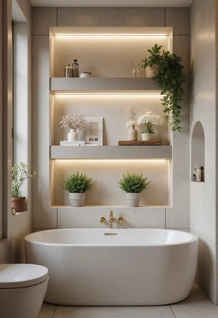 29 Bathroom Mirror and Lighting Ideas That Glow Beautifully - 22. Floating Shelves with Lighting