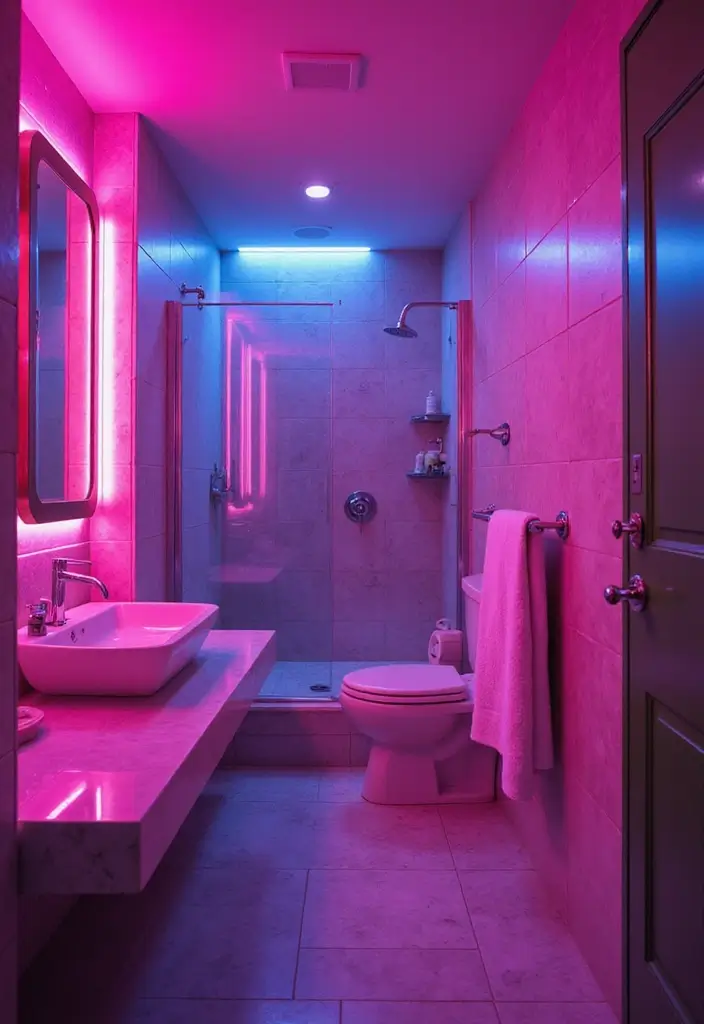 29 Bathroom Mirror and Lighting Ideas That Glow Beautifully - 25. Bright Colored Lighting