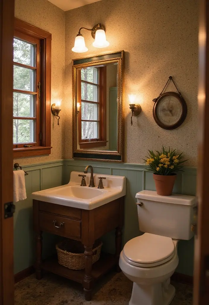 29 Bathroom Mirror and Lighting Ideas That Glow Beautifully - 29. Vintage Charm with Modern Lighting