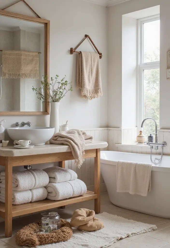 29 On Suite Bathroom Ideas for a Luxurious Master Retreat - 24. Layered Textiles for Comfort and Warmth