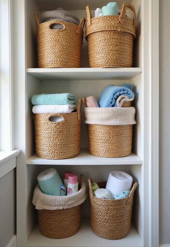 29 Ways to Decorate Bathroom Shelves Like a Designer - 1. Embrace the Power of Baskets