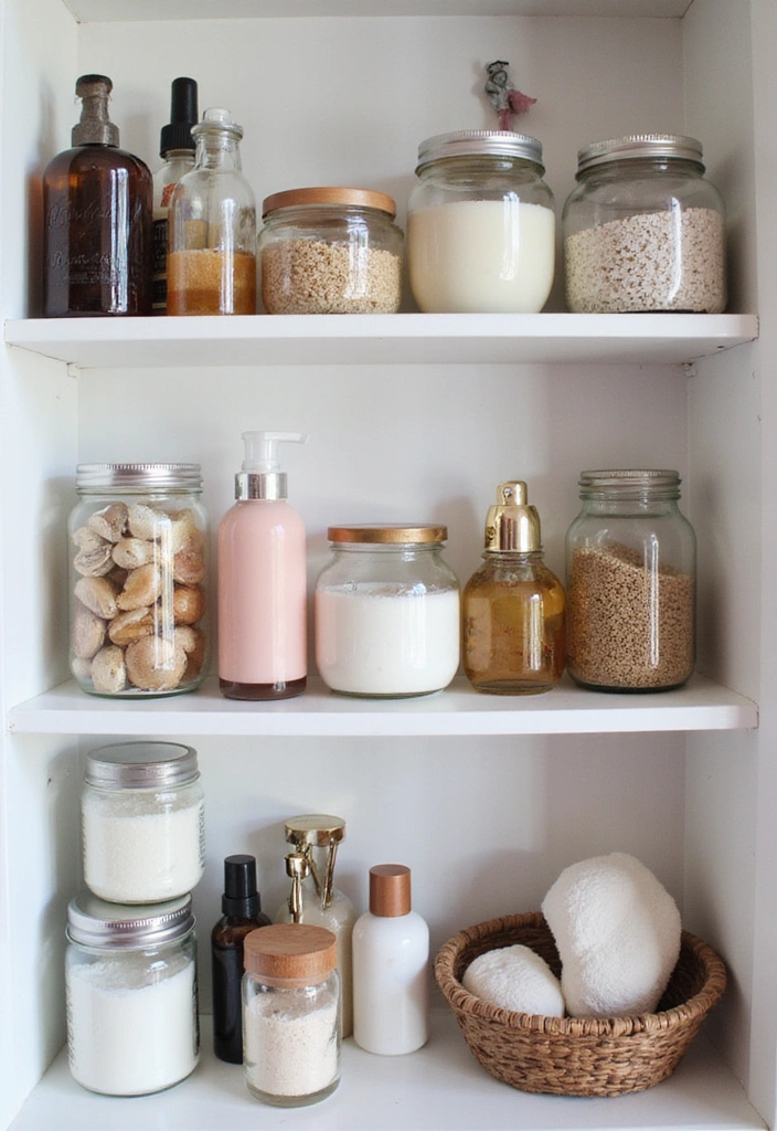 29 Ways to Decorate Bathroom Shelves Like a Designer - 10. Use Stylish Jars for Storage
