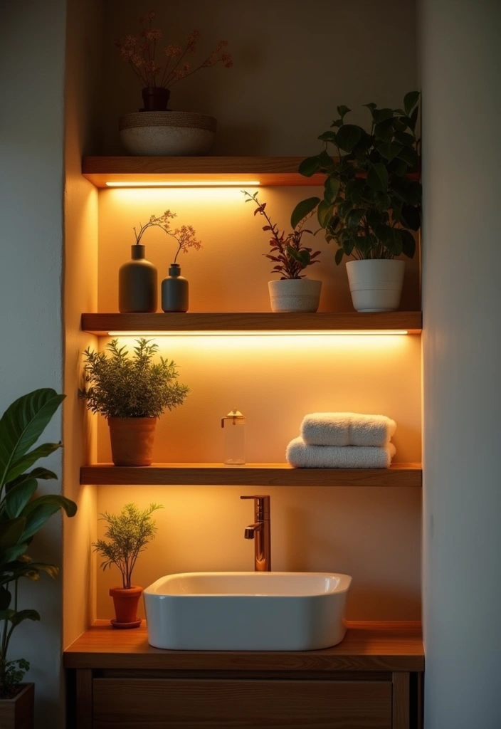 29 Ways to Decorate Bathroom Shelves Like a Designer - 22. Layer Lighting