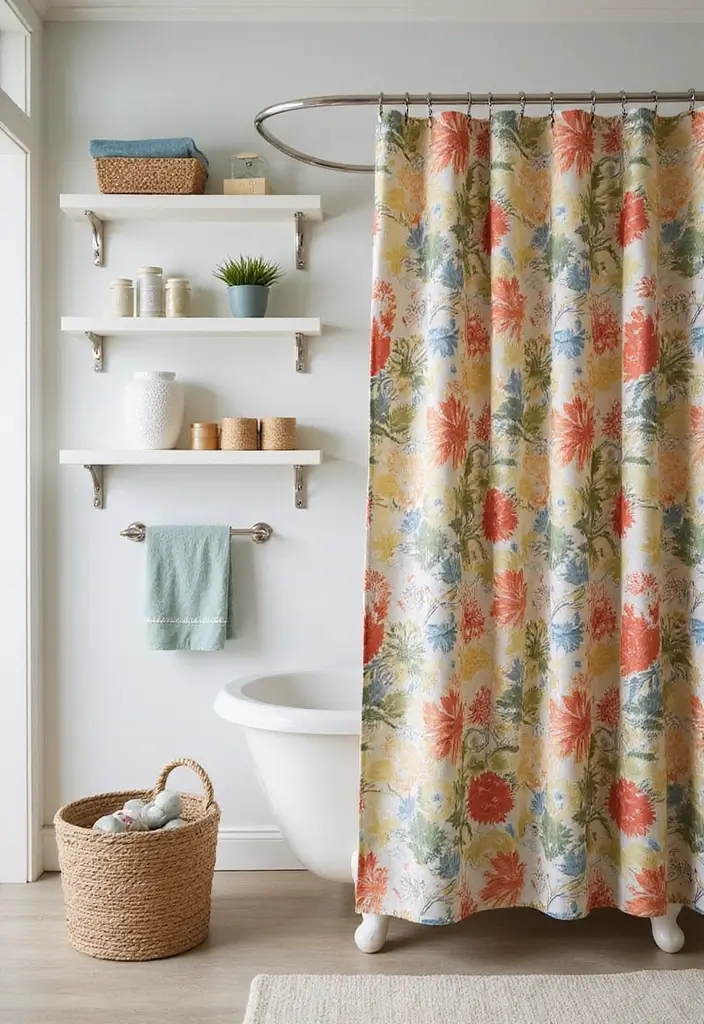 29 Ways to Decorate Bathroom Shelves Like a Designer - 27. Use Colorful Shower Curtains to Inspire Shelf Decor