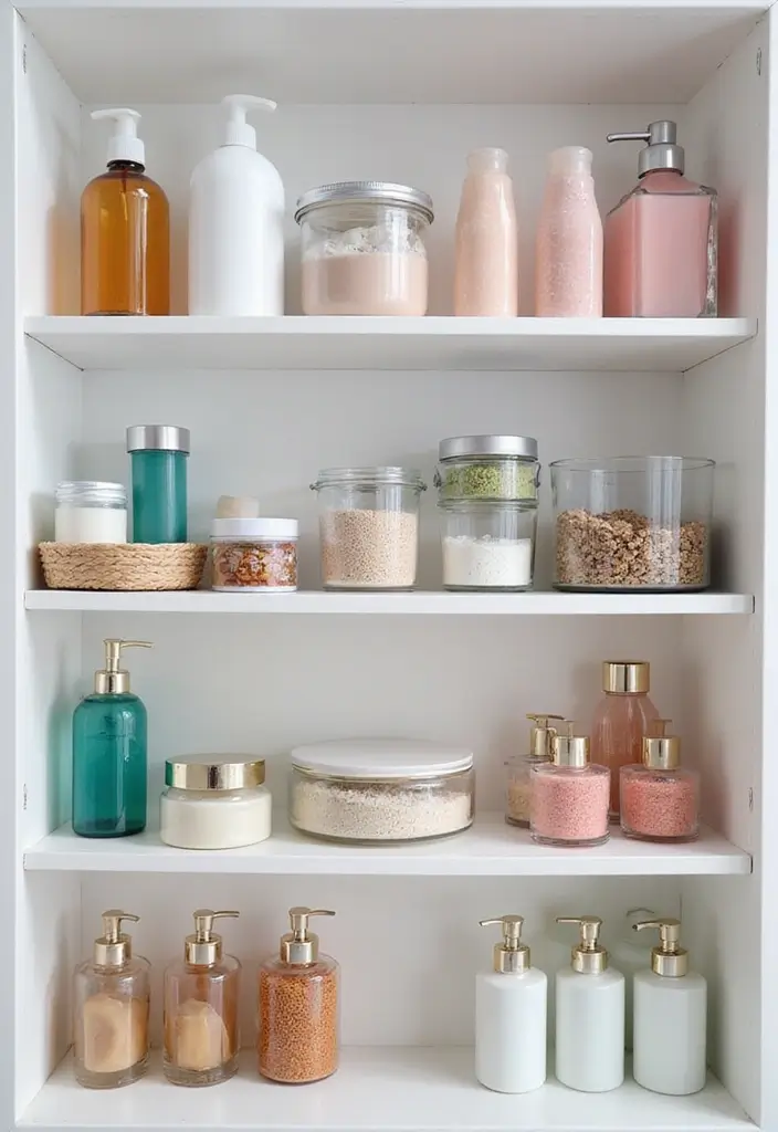 29 Ways to Decorate Bathroom Shelves Like a Designer - 3. Utilize Clear Containers
