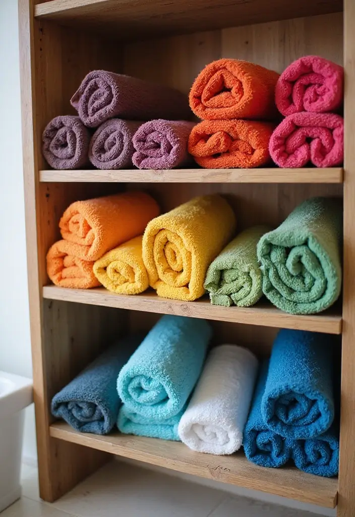 29 Ways to Decorate Bathroom Shelves Like a Designer - 4. Incorporate Colorful Towels