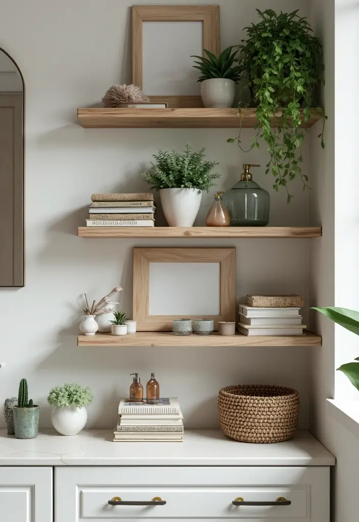 29 Ways to Decorate Bathroom Shelves Like a Designer - 7. Layering and Stacking