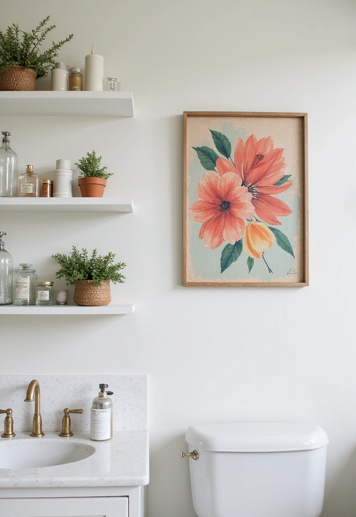 29 Ways to Decorate Bathroom Shelves Like a Designer - 8. Add Unique Wall Art