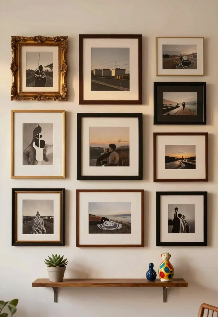 15 Art Decor Living Room Ideas for a Creative Gallery Feel - 1. Gallery Wall with Eclectic Frames 1