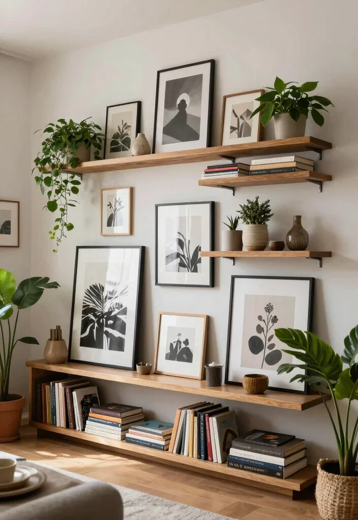 15 Art Decor Living Room Ideas for a Creative Gallery Feel - 10. Fun Gallery Shelf Displays 1