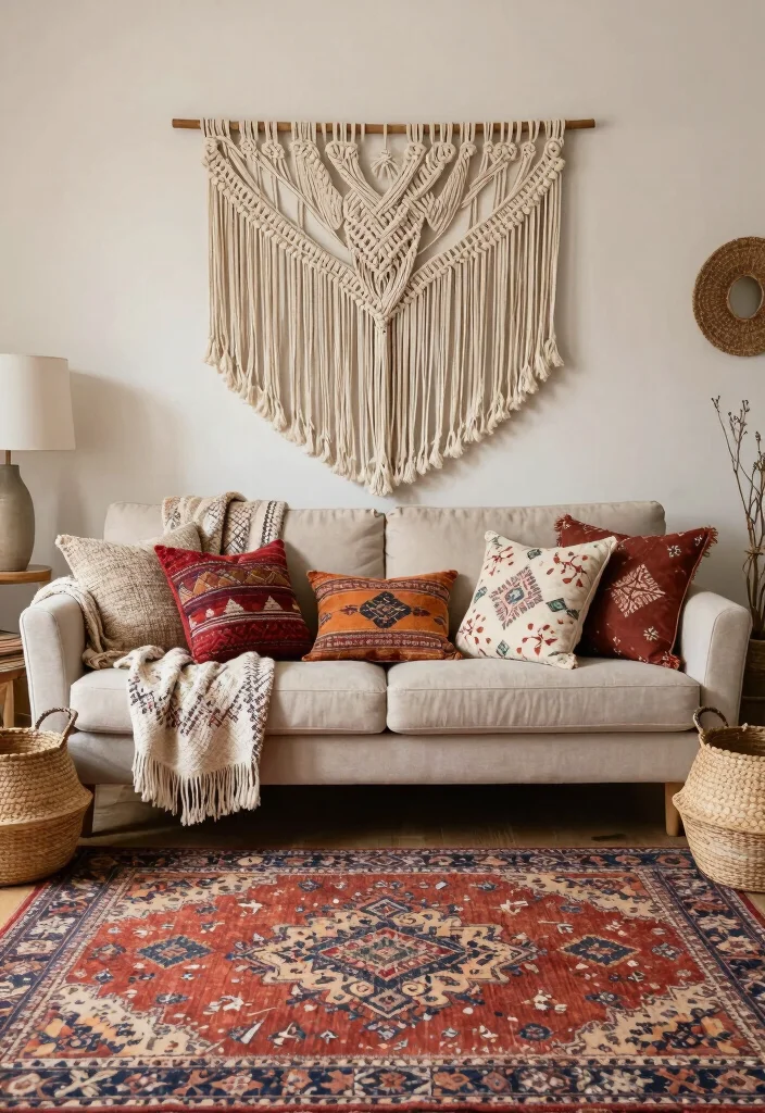 15 Art Decor Living Room Ideas for a Creative Gallery Feel - 2. Boho Textiles for Cozy Vibes 1