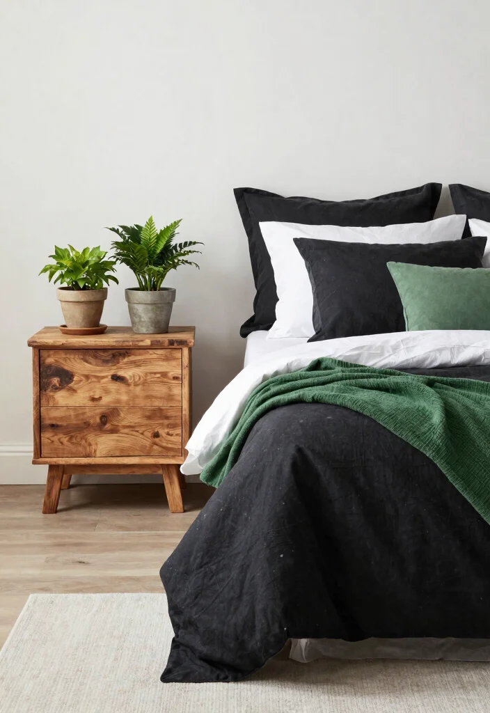 15 Black White and Green Bedroom Ideas: Fresh Modern Edge - 10. Sustainable Fabrics and Eco-friendly Decor 1
