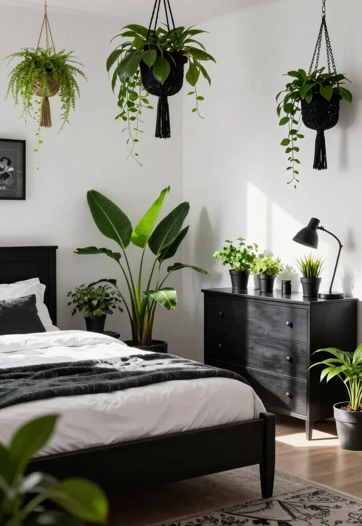 15 Black White and Green Bedroom Ideas: Fresh Modern Edge - 2. Lush Greenery and Black Accents 1