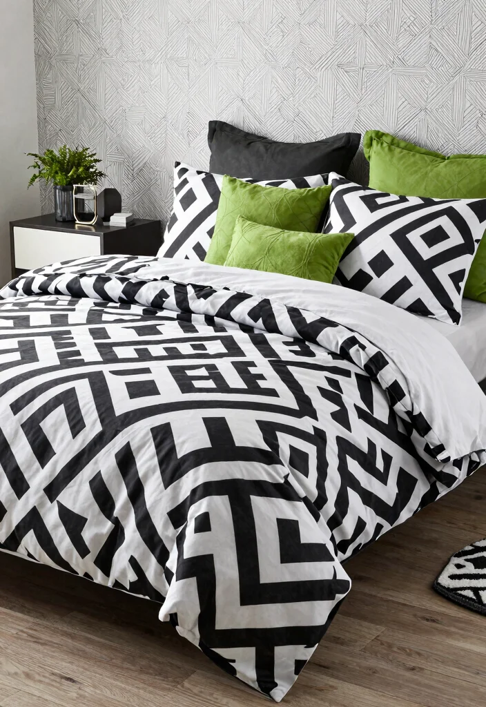 15 Black White and Green Bedroom Ideas: Fresh Modern Edge - 3. Geometric Patterns in Black and White 1