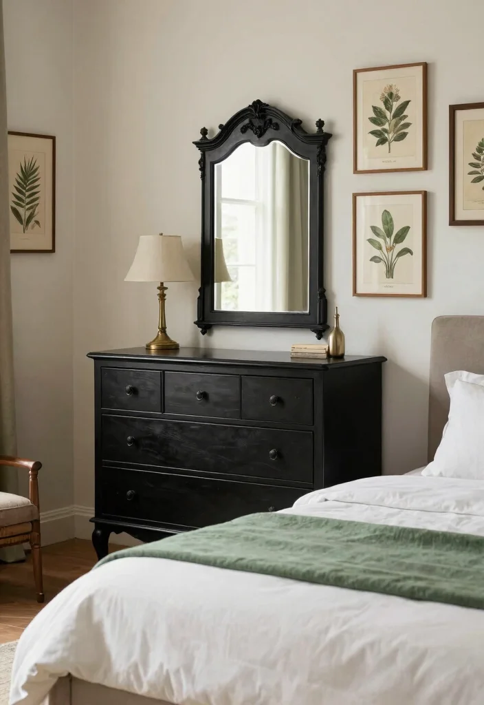 15 Black White and Green Bedroom Ideas: Fresh Modern Edge - 4. Vintage Touches with Modern Flair 1