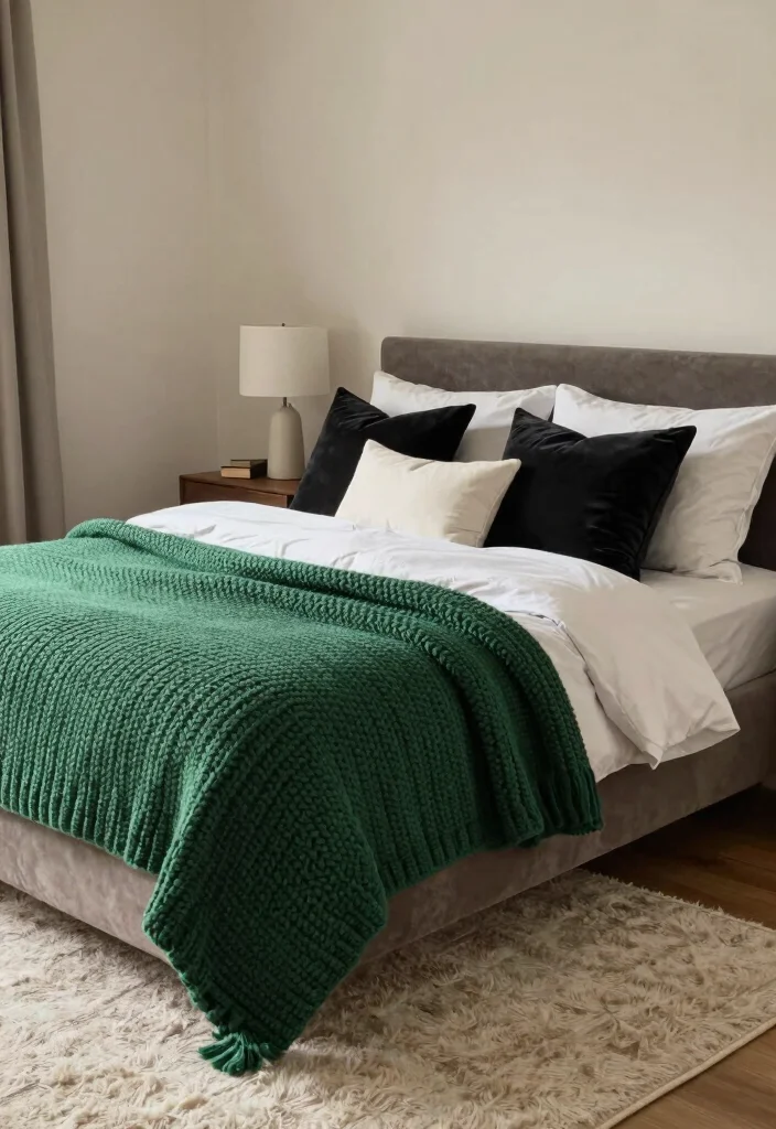 15 Black White and Green Bedroom Ideas: Fresh Modern Edge - 5. Soft Textures and Cozy Layers 1