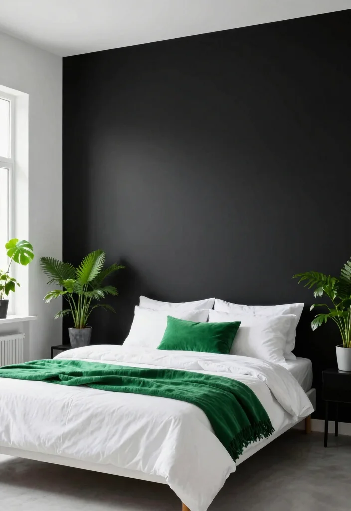 15 Black White and Green Bedroom Ideas: Fresh Modern Edge - 7. Bold Black Walls 1