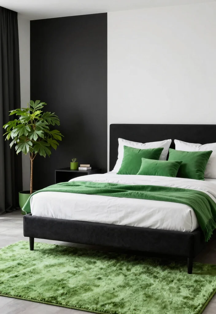 15 Black White and Green Bedroom Ideas: Fresh Modern Edge - 9. Green Accents for a Fresh Twist 1