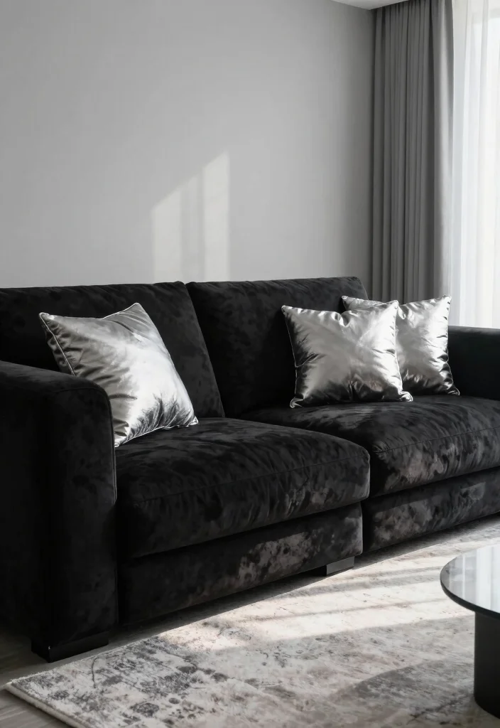15 Black and Silver Living Room Decor Ideas: Sleek Glam Style - 1. Statement Black Sofa 1