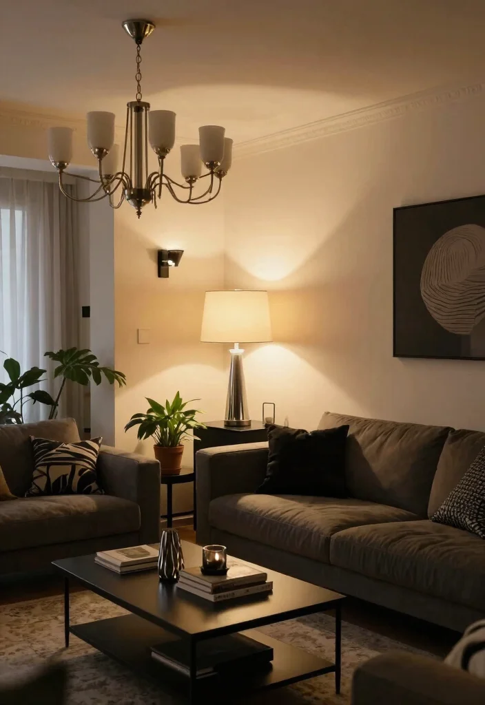 15 Black and Silver Living Room Decor Ideas: Sleek Glam Style - 13. Layered Lighting 1