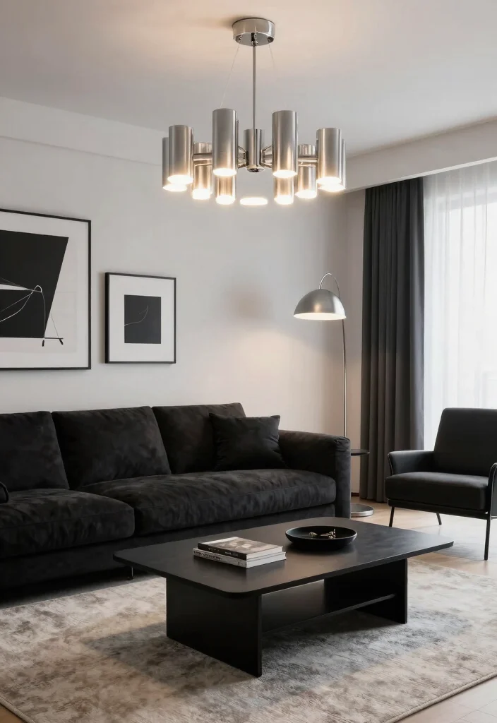 15 Black and Silver Living Room Decor Ideas: Sleek Glam Style - 2. Silver Accents in Lighting 1