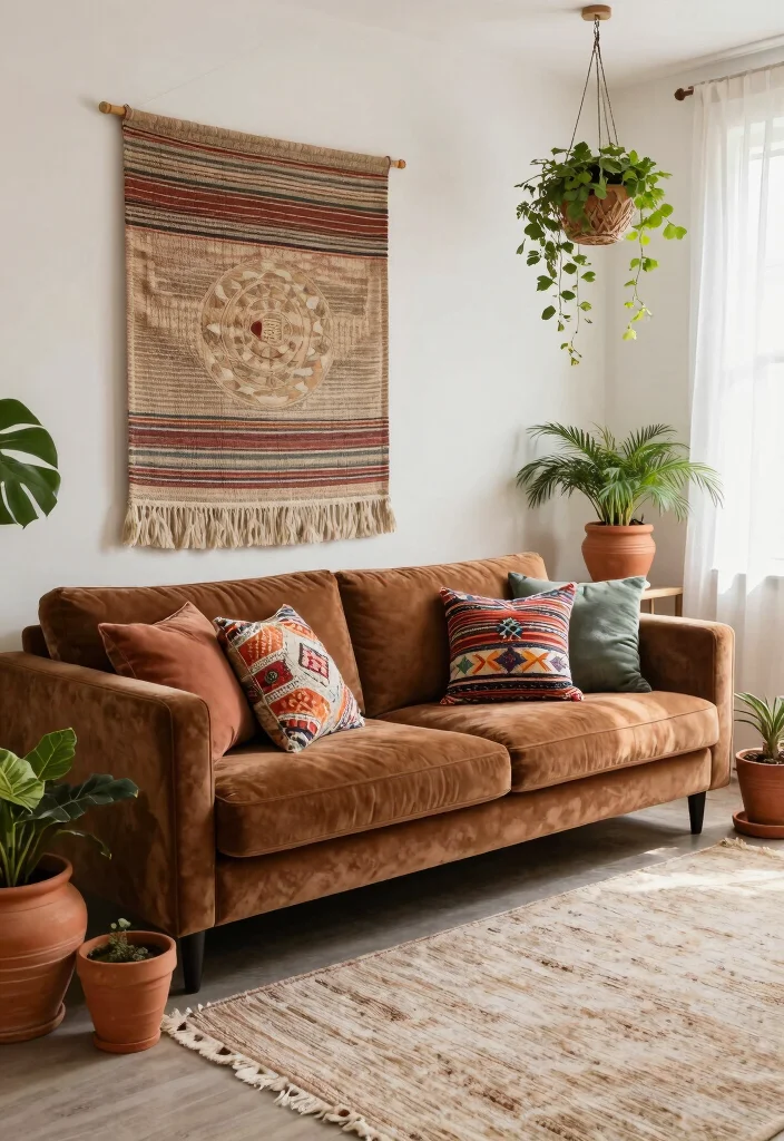 15 Brown Velvet Sofa Living Room Ideas: Rich Cozy Texture - 1. Bohemian Chic with Earthy Tones 1
