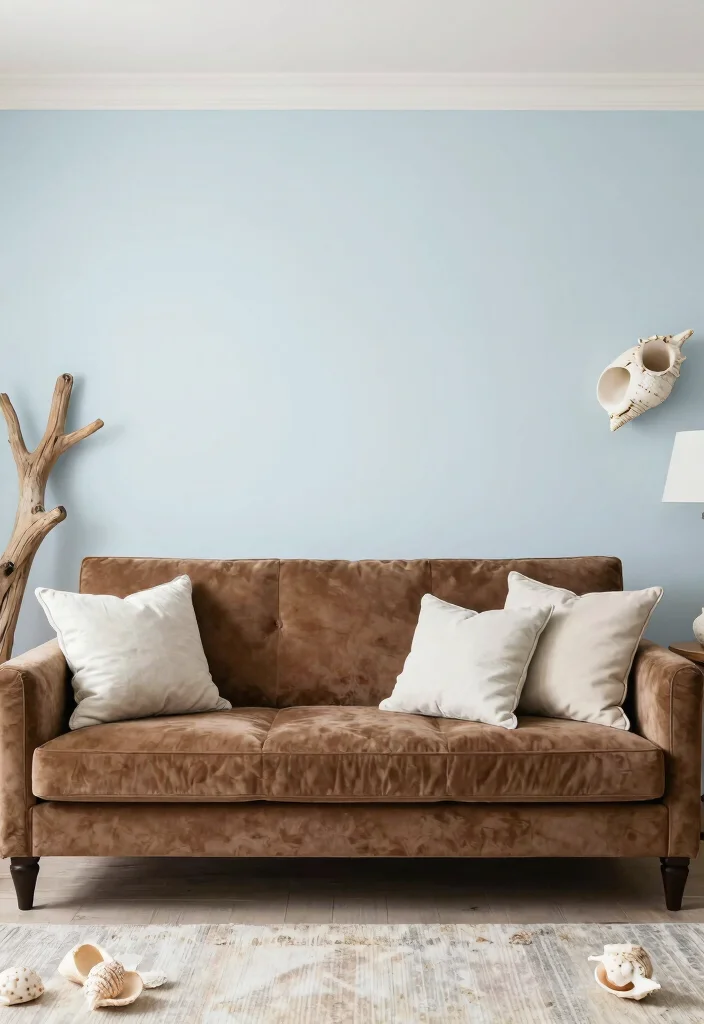 15 Brown Velvet Sofa Living Room Ideas: Rich Cozy Texture - 10. Coastal Calm 1