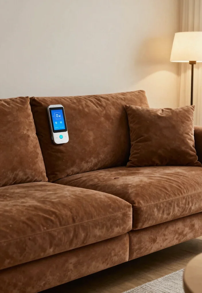 15 Brown Velvet Sofa Living Room Ideas: Rich Cozy Texture - 11. Smart Tech Integration 1