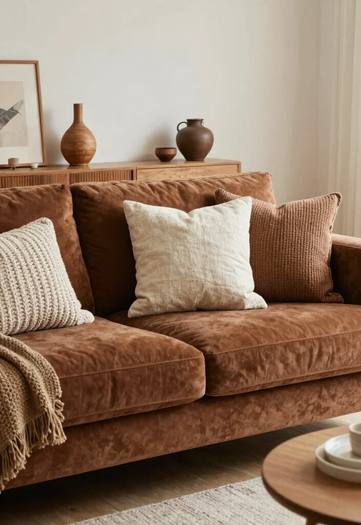 15 Brown Velvet Sofa Living Room Ideas: Rich Cozy Texture - 12. Textured Layers for Visual Interest 1