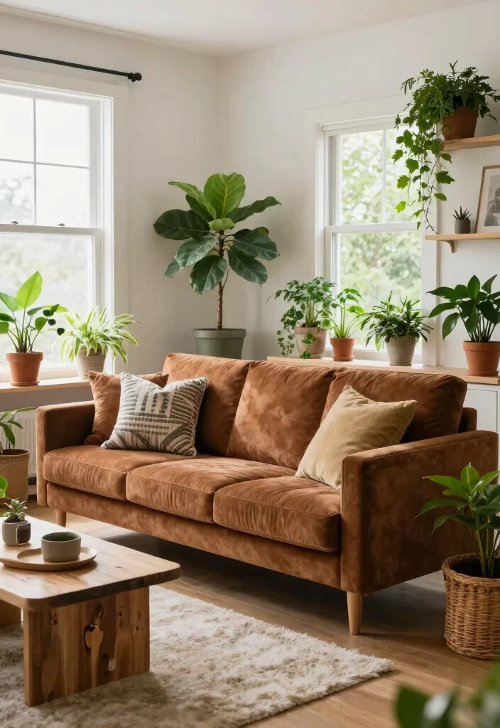 15 Brown Velvet Sofa Living Room Ideas: Rich Cozy Texture - 14. Sustainable Style with Eco-Friendly Decor 1