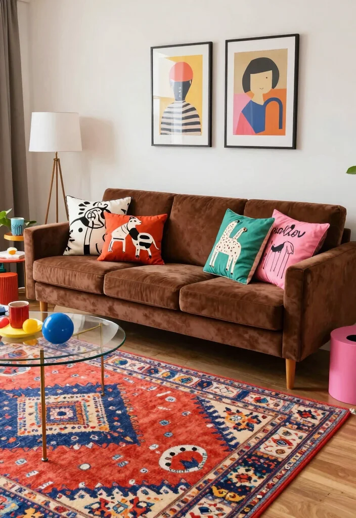 15 Brown Velvet Sofa Living Room Ideas: Rich Cozy Texture - 15. Playful Patterns with Bold Graphics 1