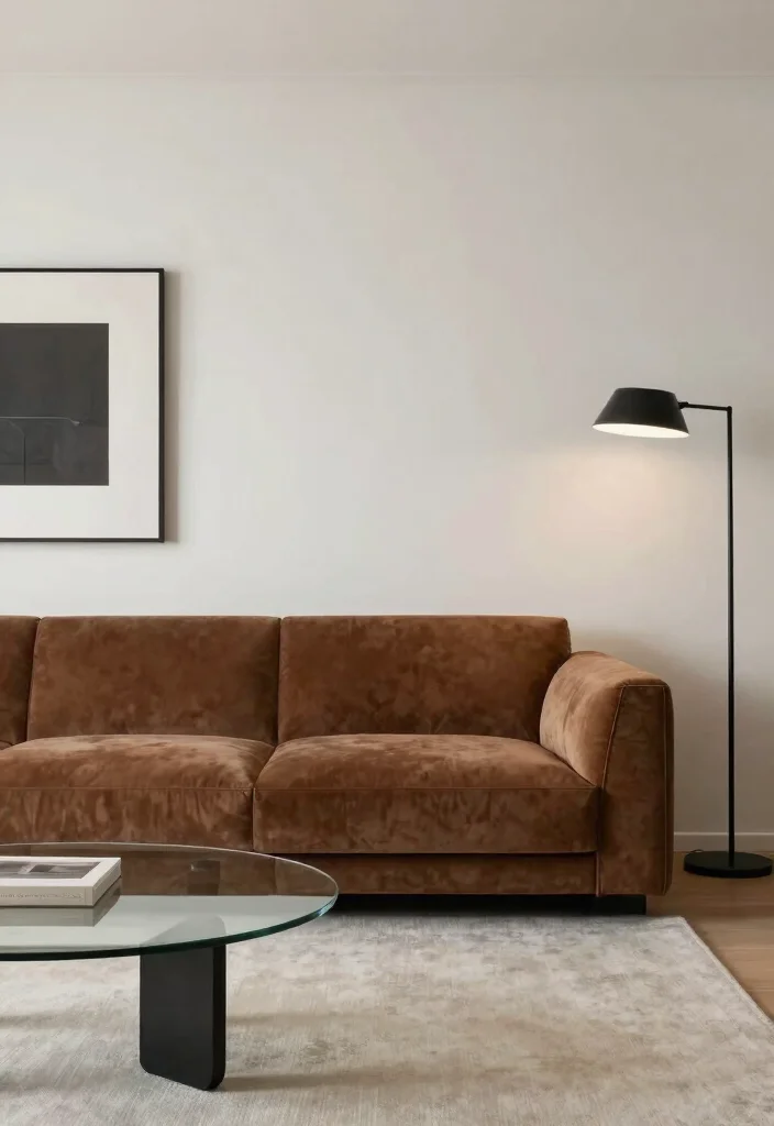 15 Brown Velvet Sofa Living Room Ideas: Rich Cozy Texture - 2. Modern Minimalism with a Twist 1