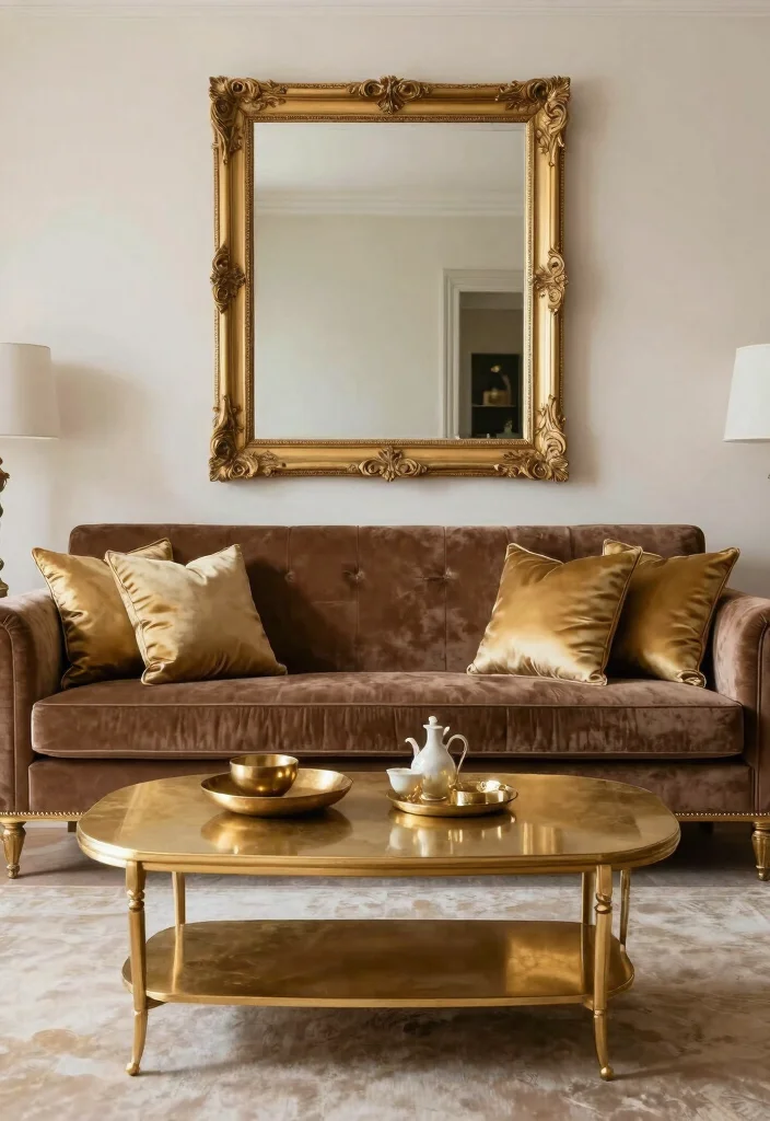 15 Brown Velvet Sofa Living Room Ideas: Rich Cozy Texture - 3. Luxurious Glam with Gold Accents 1