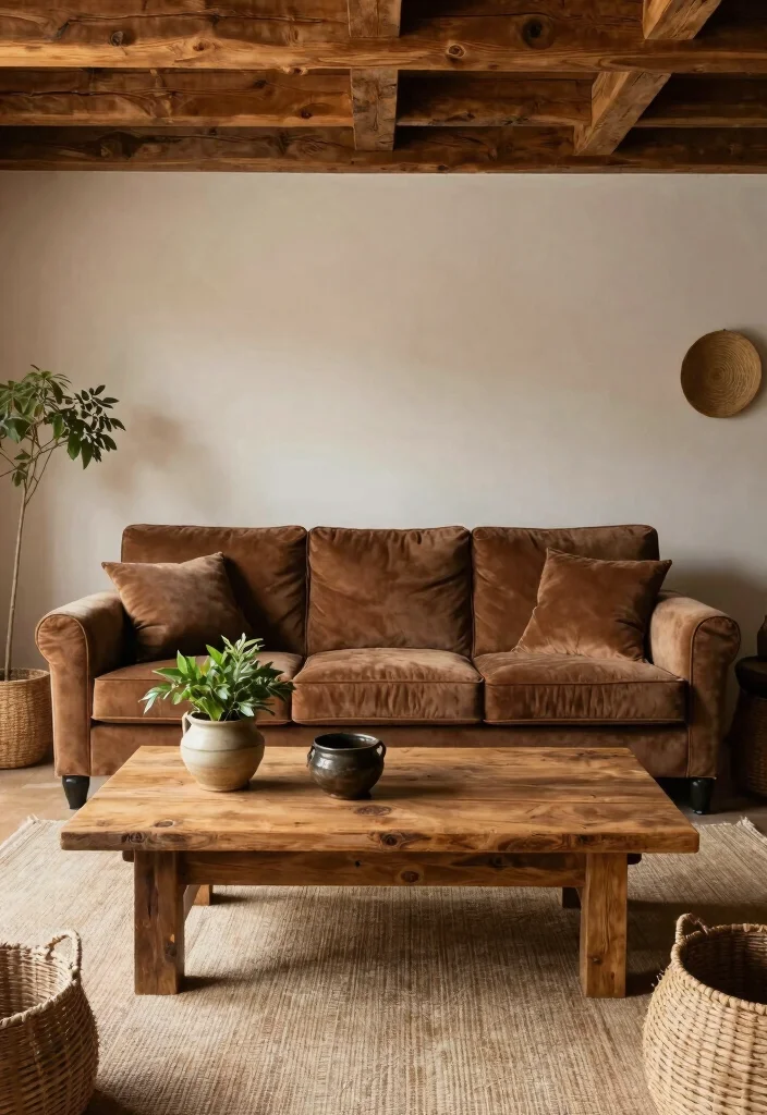 15 Brown Velvet Sofa Living Room Ideas: Rich Cozy Texture - 4. Rustic Charm with Natural Elements 1