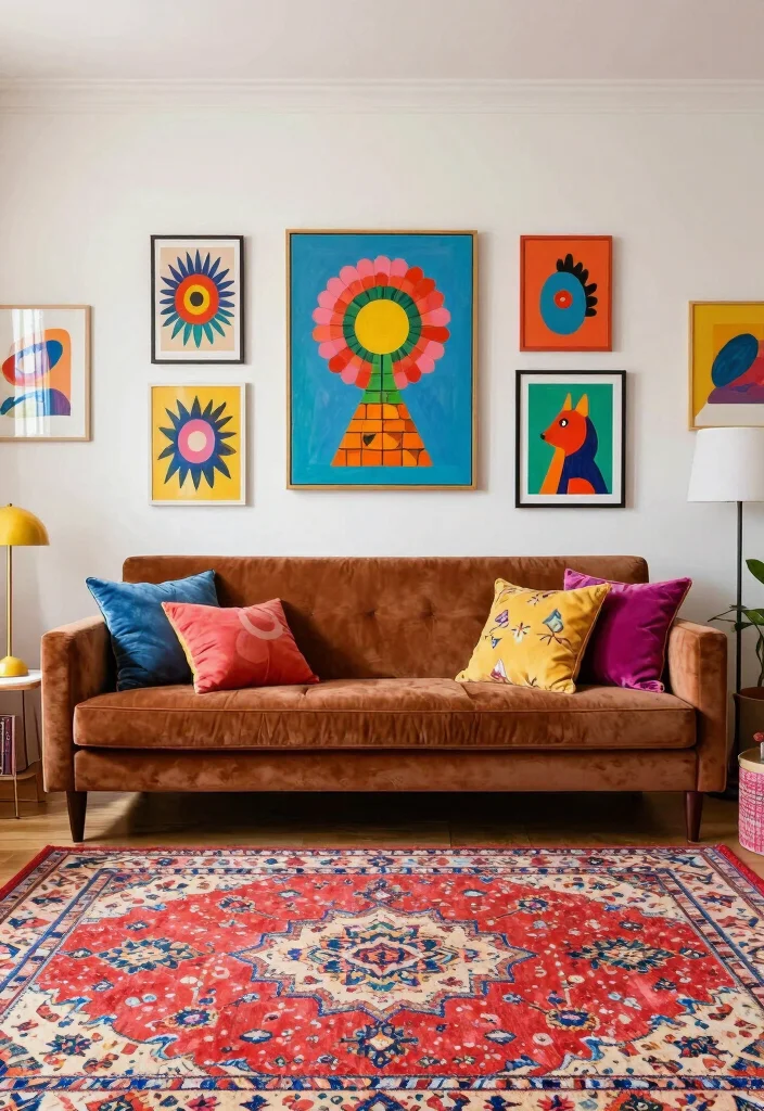 15 Brown Velvet Sofa Living Room Ideas: Rich Cozy Texture - 5. Artistic Play with Colorful Accents 1