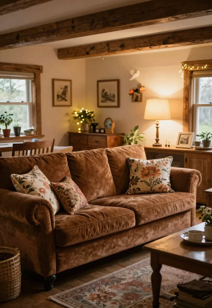 15 Brown Velvet Sofa Living Room Ideas: Rich Cozy Texture - 6. Cozy Cottage Vibe 1
