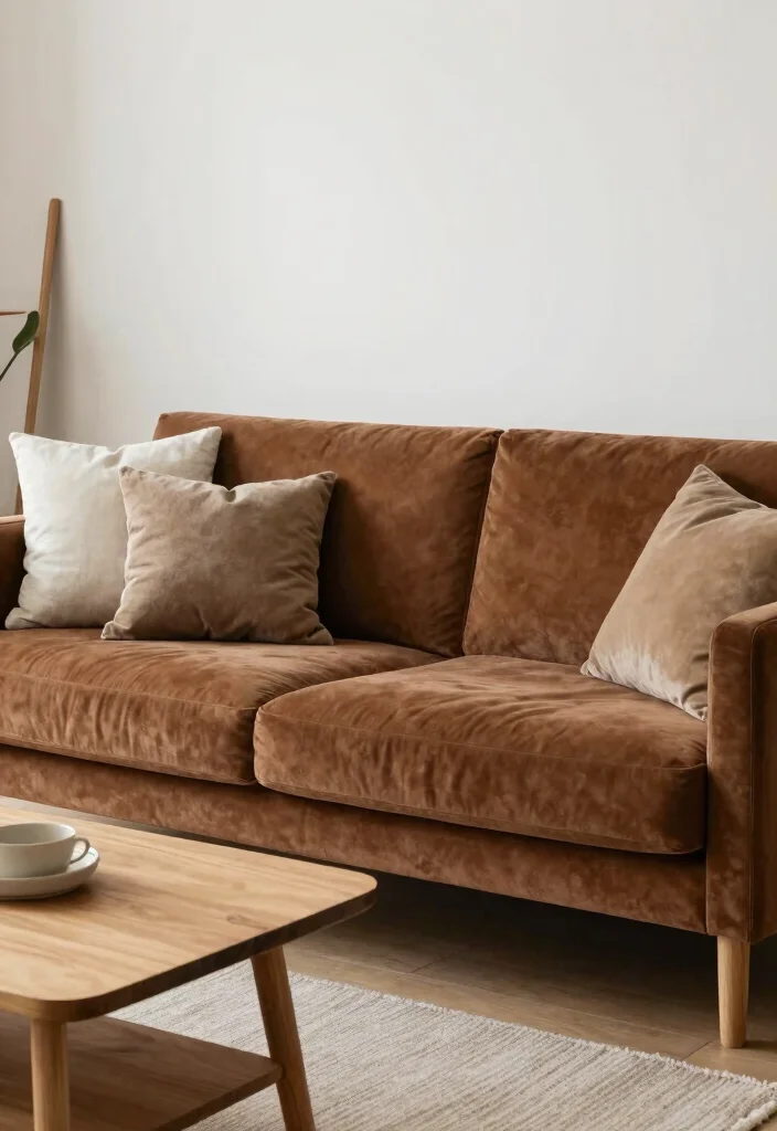 15 Brown Velvet Sofa Living Room Ideas: Rich Cozy Texture - 7. Scandinavian Simplicity 1