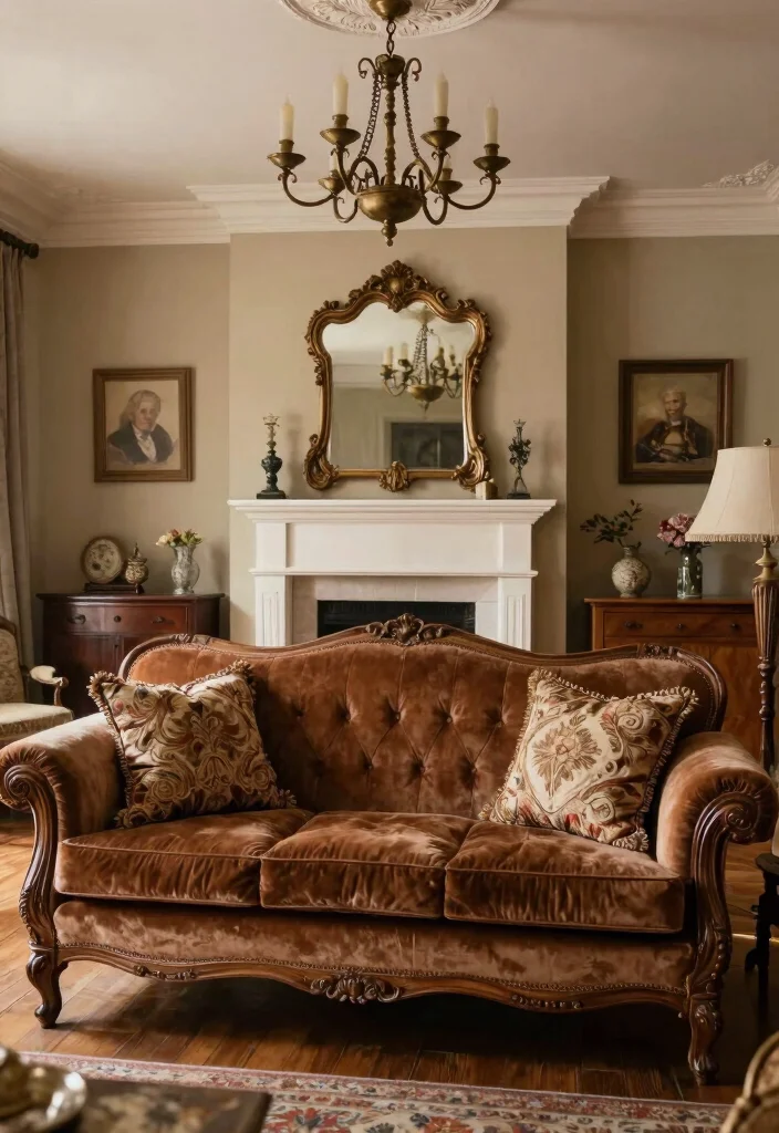 15 Brown Velvet Sofa Living Room Ideas: Rich Cozy Texture - 8. Vintage Elegance 1