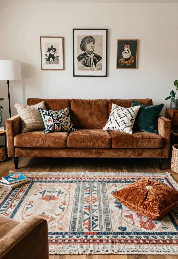 15 Brown Velvet Sofa Living Room Ideas: Rich Cozy Texture - 9. Eclectic Style Mix 1
