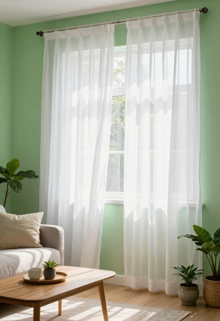 15 Curtains for Green Walls Living Room Ideas Perfect Pairings - 1. Light and Airy White Sheer Curtains 1