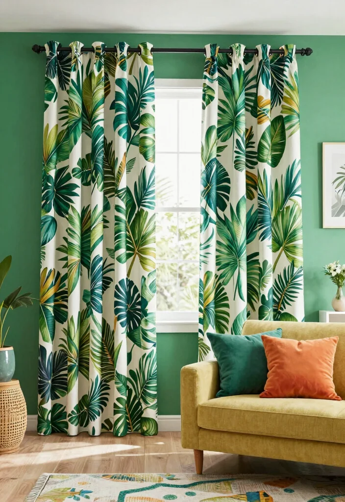 15 Curtains for Green Walls Living Room Ideas Perfect Pairings - 11. Tropical Themed Curtains 1