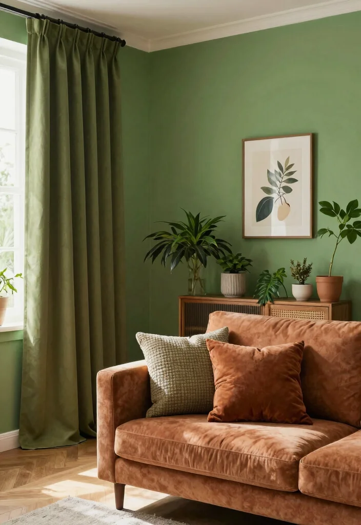 15 Curtains for Green Walls Living Room Ideas Perfect Pairings - 2. Earthy Tones: Olive and Rust 1