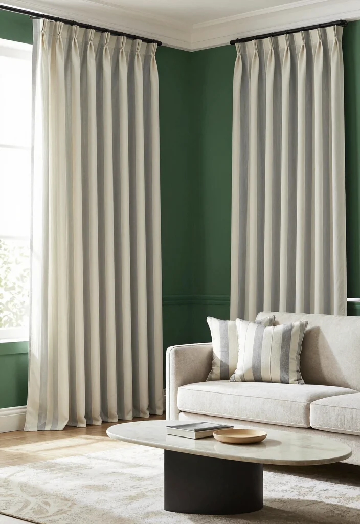 15 Curtains for Green Walls Living Room Ideas Perfect Pairings - 6. Timeless Stripes: Adding Elegance 1
