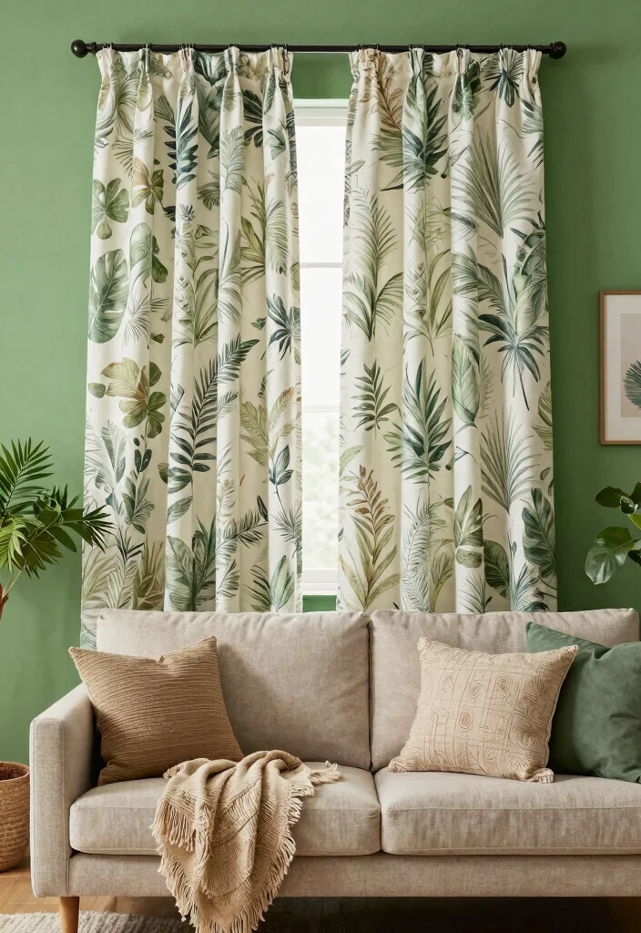 15 Curtains for Green Walls Living Room Ideas Perfect Pairings - 8. Organic Patterns for Nature Lovers 1